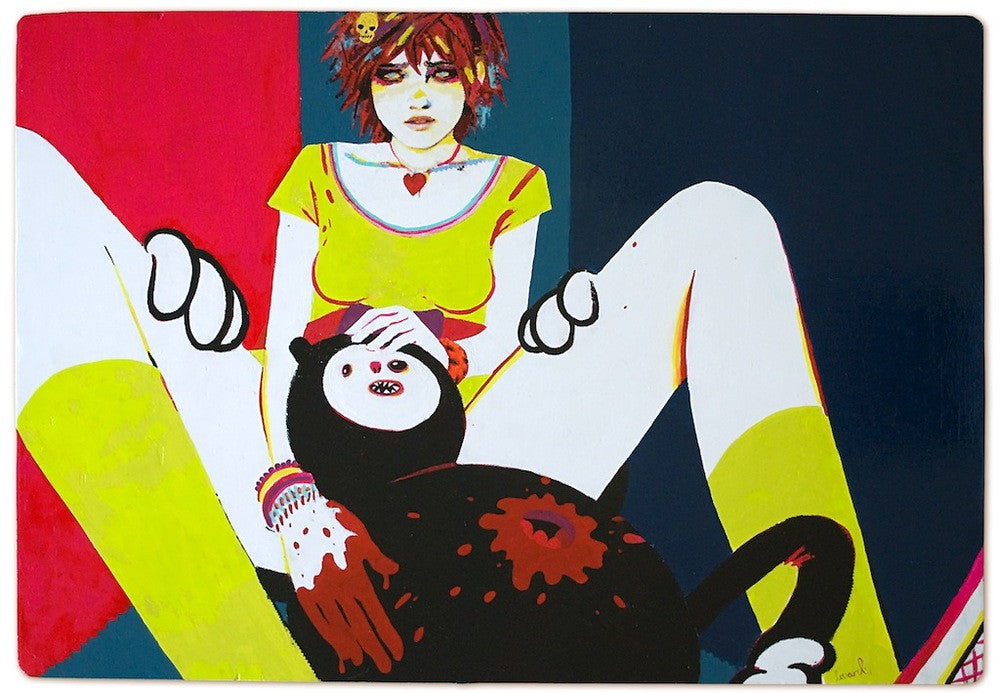 Barnaby Wards illustration showcases a short-haired individual in a yellow outfit and red gloves, seated with legs apart. A black, animal-like figure with a red spot is in front. The background features vertical color bands reminiscent of Spoke Art Gallerys style.