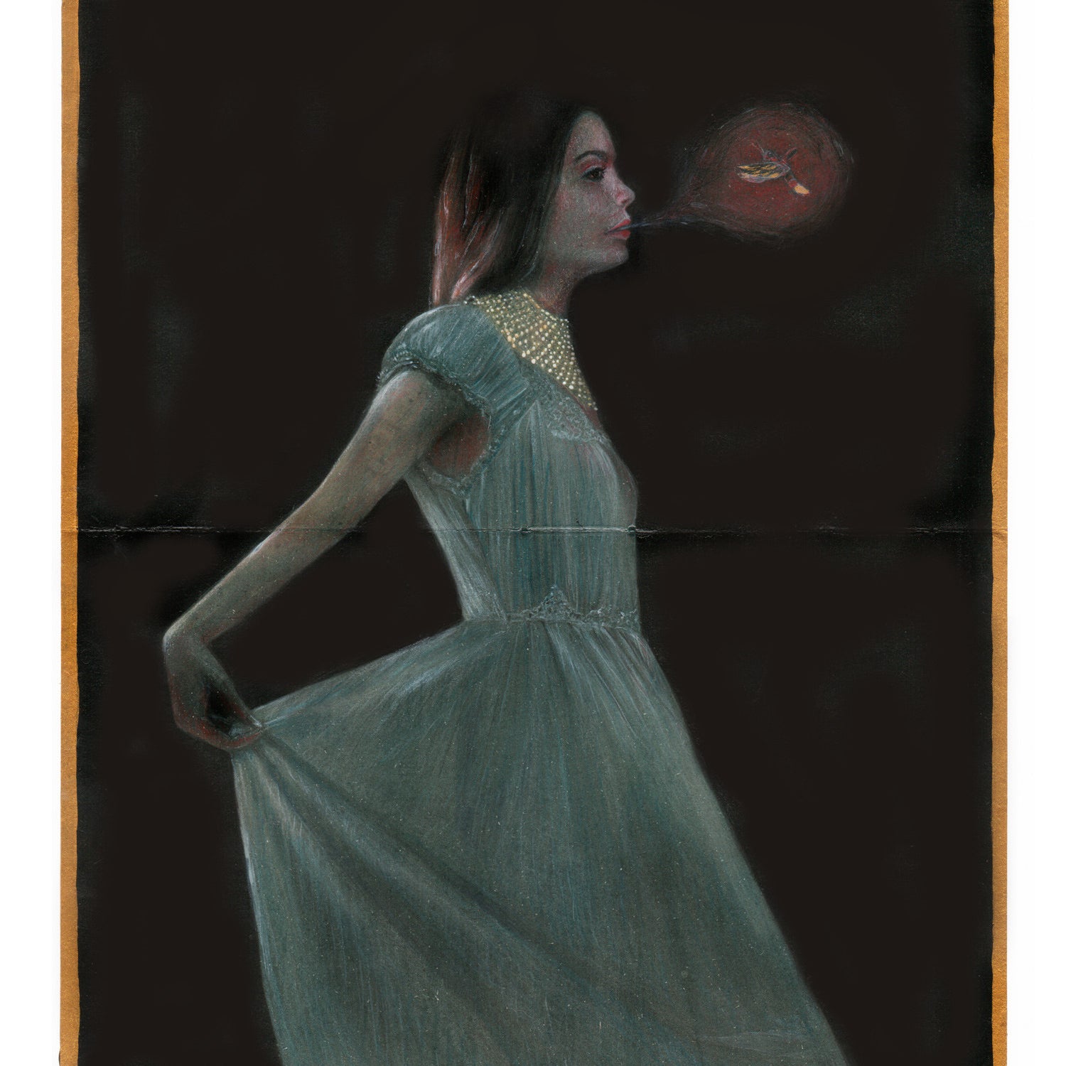 The image features a woman in a long, ethereal blue dress with intricate details, akin to Bec Winnels style. She holds the dress fabric, her head turned as a glowing red orb with a goldfish emerges from her mouth, all set against a dark background that enhances this acrylic-colored vision.