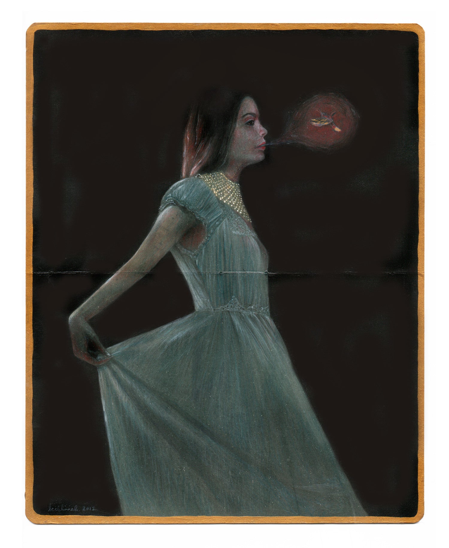 The image features a woman in a long, ethereal blue dress with intricate details, akin to Bec Winnels style. She holds the dress fabric, her head turned as a glowing red orb with a goldfish emerges from her mouth, all set against a dark background that enhances this acrylic-colored vision.