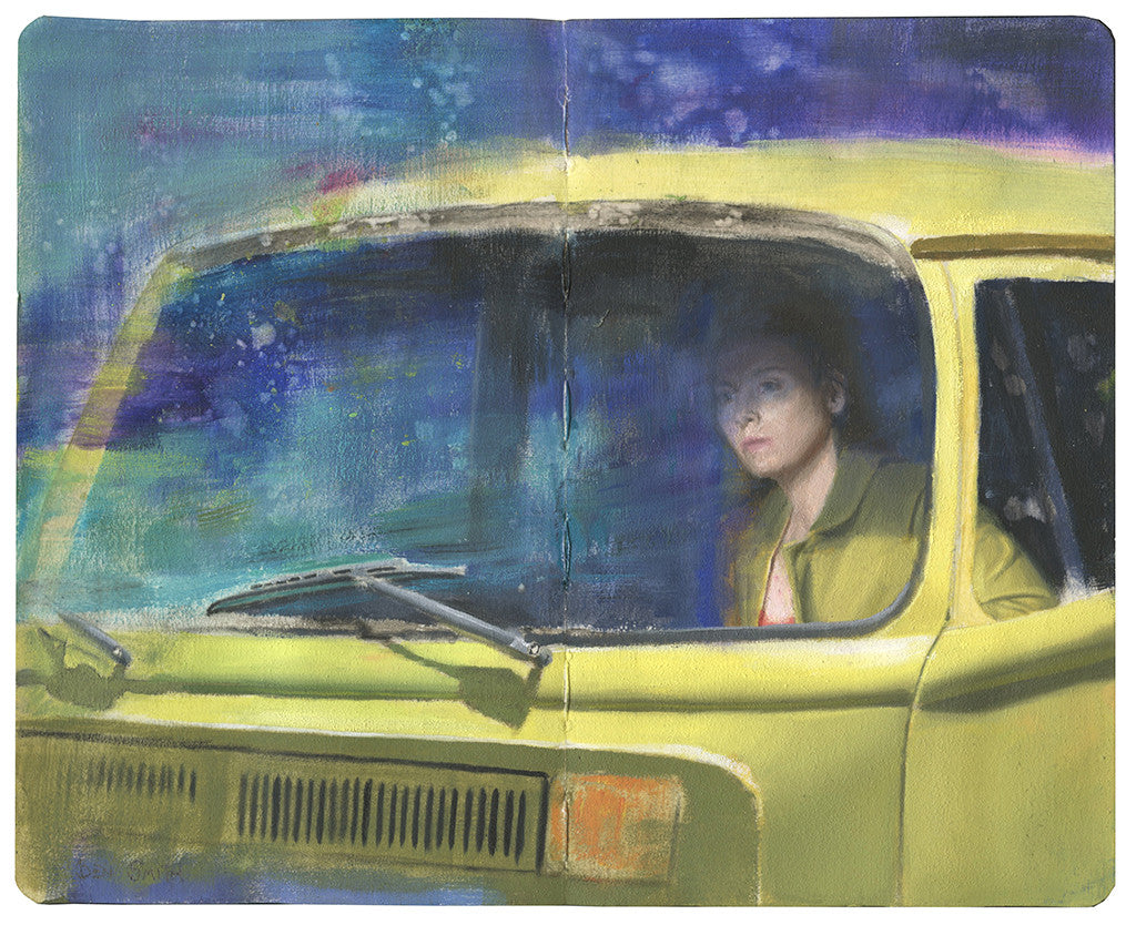 Ben Smiths oil painting features a person in the drivers seat of a vintage yellow car, with abstract blue and purple brushstrokes visible through the windshield. The thoughtful expression evokes reflection, reminiscent of pieces shown at Spoke Art.