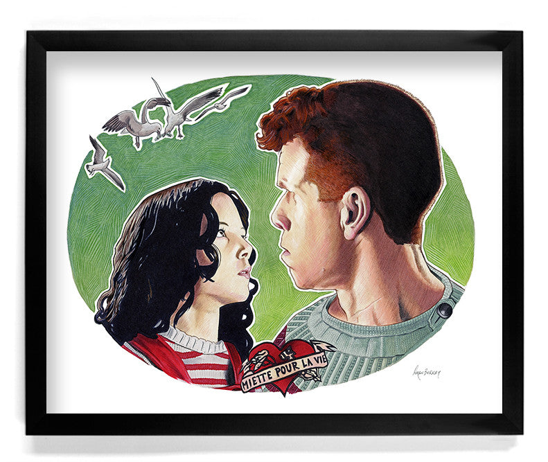 Two people face each other against a green background with birds above and Miette Pour la Vie below in this limited edition Ryan Berkley archival pigment print, framed in black.