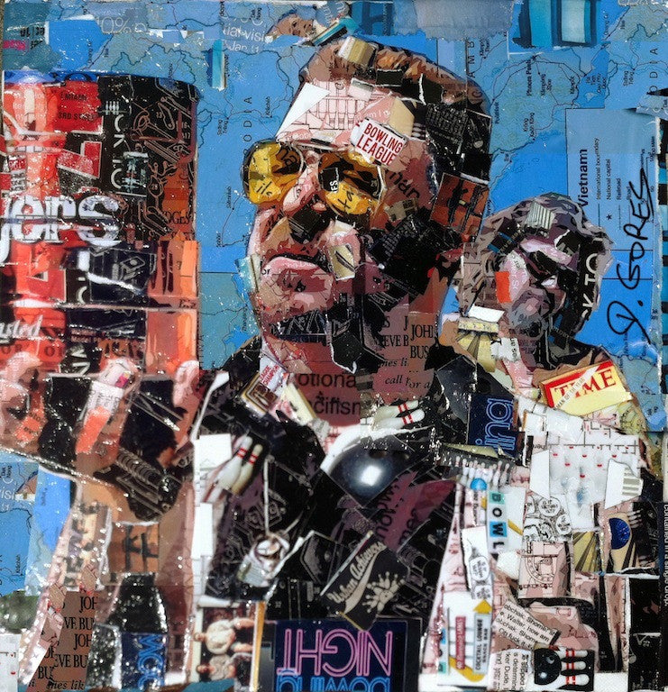 This Derek Gores art piece portrays a man in sunglasses holding a can with a blue and red label. It features a vivid collage on canvas integrating magazine clippings, with another figure partially emerging through layered text fragments.
