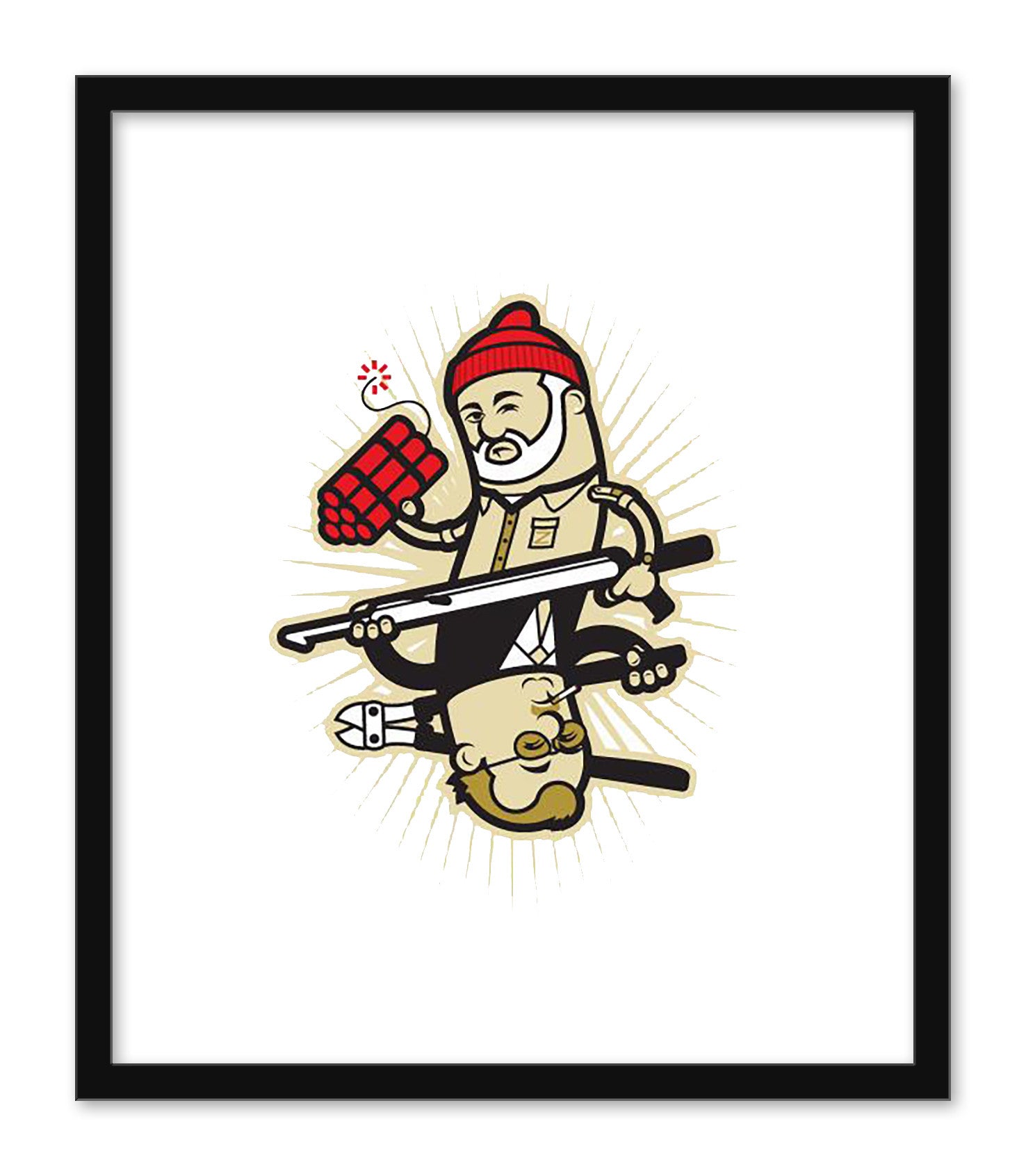Bill Green presents a signed and numbered edition featuring a figure in a red beanie and beige outfit, clutching dynamite while jumping with skis. Set against a sunburst background and framed in black, this dynamic illustration captures an energetic scene.