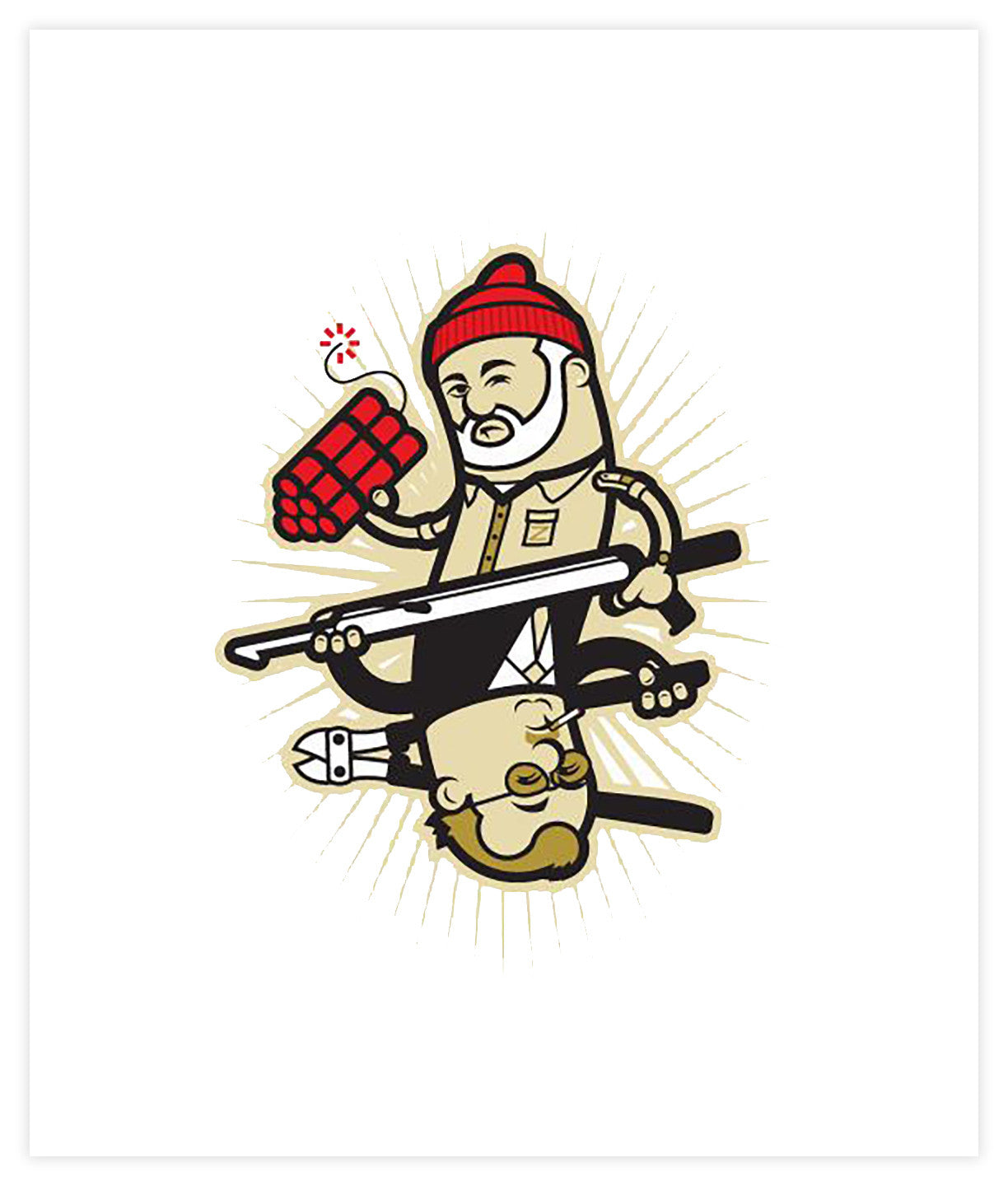 Bill Greens whimsical playing card illustration features two characters back-to-back: a bearded man with a red beanie and dynamite, and an upside-down figure with a pencil. This fine art archival digital print comes in a signed and numbered edition.