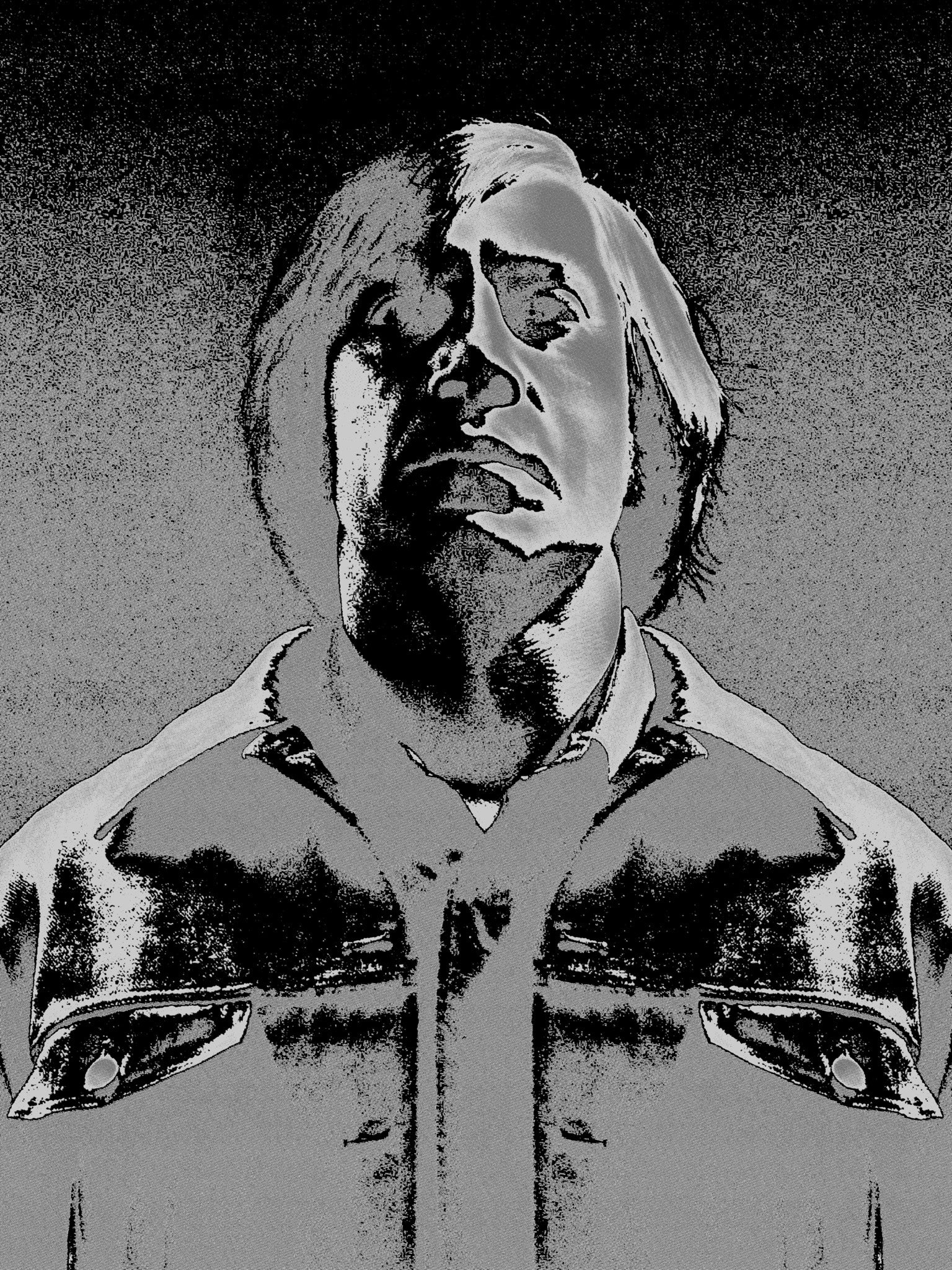 Matt Dye presents a digitally enhanced, monochrome image of a man with medium-length hair, featuring a dramatic, abstract screen print effect. The high-contrast look is enriched with metallic silver tones as he gazes slightly upwards in his button-up shirt against a textured background.