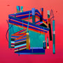 This Erik Jones-style abstract artwork features angular shapes with vibrant blue, green, and red on a pink gradient background. The acrylic paintings overlapping geometric patterns create a dynamic visual effect.