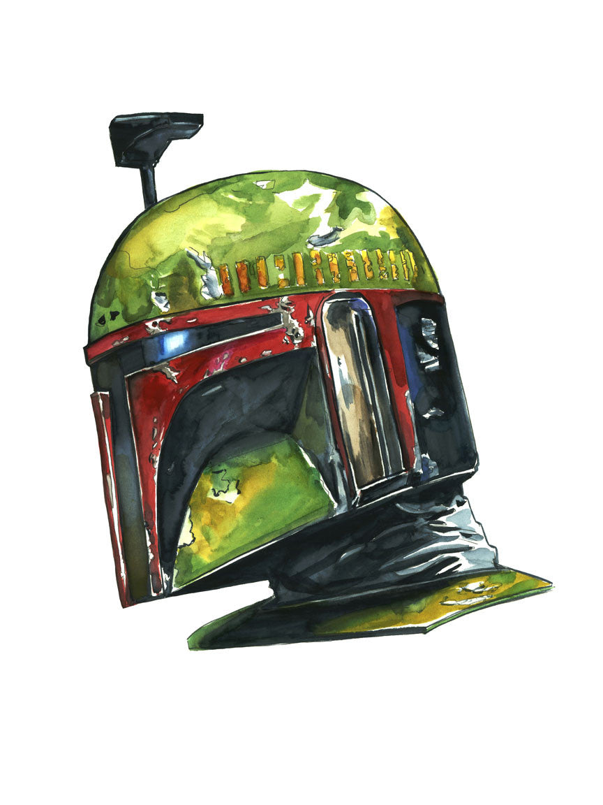 Inspired by Tim Doyles style, this vibrant illustration spotlights a battle-worn helmet with green, yellow, and red segments and a T-shaped visor against a plain white background. Its reminiscent of his Shiny Objects series and ideal for fine art giclee prints. Brand: Tim Doyle.