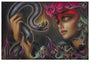 Tatiana Suarezs limited edition giclee print showcases a mysterious woman with vibrant pink hair holding a snake topped with a flame, surrounded by colorful, surreal floral elements and an ethereal glow.
