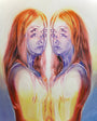 An Alex Garant surreal painting at Spoke Art Gallery showcases mirrored figures with long, flowing hair. Multiple eyes cascade down their faces for an abstract, dreamlike effect. This oil on canvas piece uses warm tones of orange, pink, and yellow.