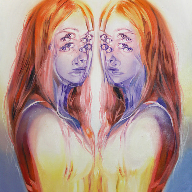 An Alex Garant surreal painting at Spoke Art Gallery showcases mirrored figures with long, flowing hair. Multiple eyes cascade down their faces for an abstract, dreamlike effect. This oil on canvas piece uses warm tones of orange, pink, and yellow.
