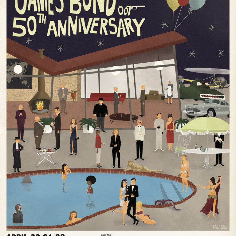 Discover Max Daltons stunning giclee print capturing the essence of the James Bond-themed 50th anniversary at Castro Theatre. Dont miss the thrilling pool party with tuxedo-clad spies, helicopters, and classic cars from April 20-22 in San Francisco!.