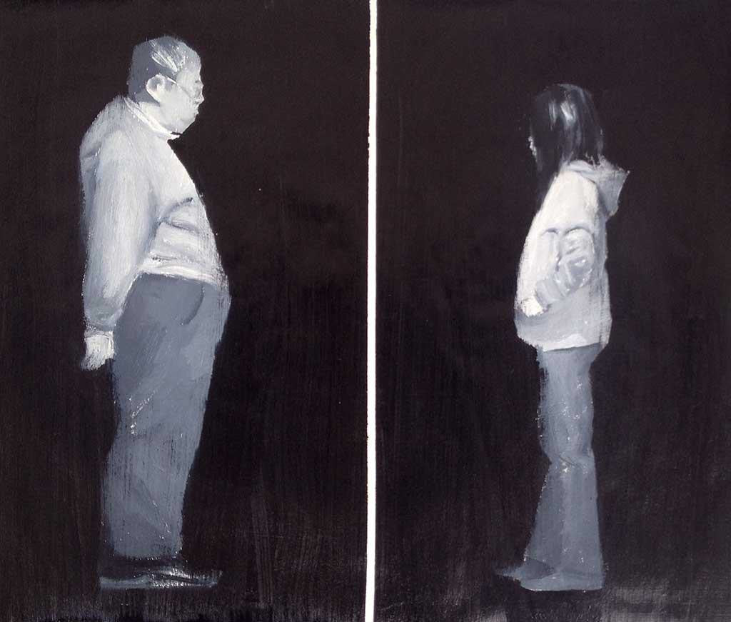 In Brett Amorys oil painting, a man and woman face each other against a dark backdrop, divided by a white line. Painted in grayscale, the figures appear to be locked in an intense gaze.