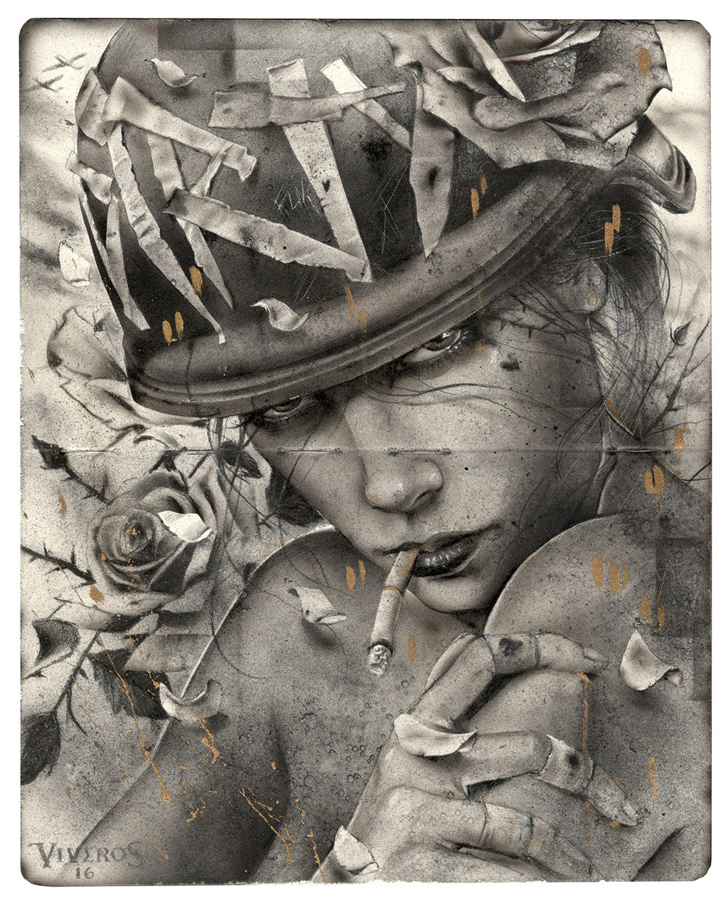 This monochrome artwork, inspired by Brian M. Viveros, depicts a person in a helmet decorated with abstract patterns and roses. The figure has an intense gaze and holds a cigarette, standing against a textured background subtly infused with floral elements.