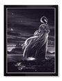 This limited edition screen print by Nicolas Delort features a figure in flowing robes on rocky terrain under a stormy sky. Monochromatic tones emphasize The Bride of Frankenstein text, with a castle silhouette adding to the haunting atmosphere.