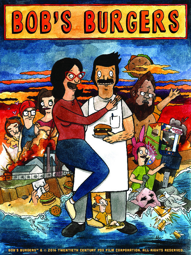 Brighton Ballards poster features Bobs Burgers characters in a vibrant, chaotic scene at the Bobs Burgers Art Show. Bob holds a burger while Linda poses at the center, surrounded by other characters and quirky elements in a lively, surreal style against a bright backdrop.