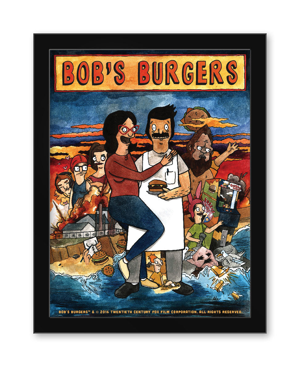 Brighton Ballards vibrant Bobs Burgers poster showcases the animated family in comedic poses, with the parents at the center amidst scenes from the Bob Day Afternoon art show, all against a lively backdrop.