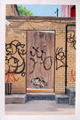 A Jessica Hess-inspired scene features a wooden door with graffiti between two brick walls, akin to a Brooklyn Door. The lower portion displays a realistic gouache-on-paper-style cat painting. Abstract black graffiti covers the wall, while a tree and red building appear in the background.