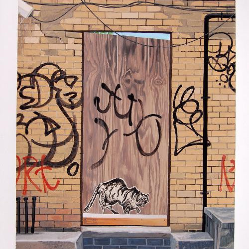A Jessica Hess-inspired scene features a wooden door with graffiti between two brick walls, akin to a Brooklyn Door. The lower portion displays a realistic gouache-on-paper-style cat painting. Abstract black graffiti covers the wall, while a tree and red building appear in the background.