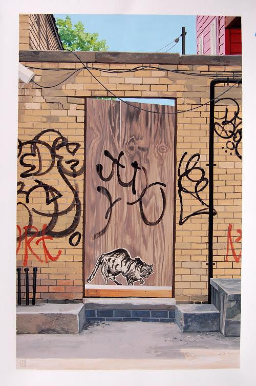 A Jessica Hess-inspired scene features a wooden door with graffiti between two brick walls, akin to a Brooklyn Door. The lower portion displays a realistic gouache-on-paper-style cat painting. Abstract black graffiti covers the wall, while a tree and red building appear in the background.