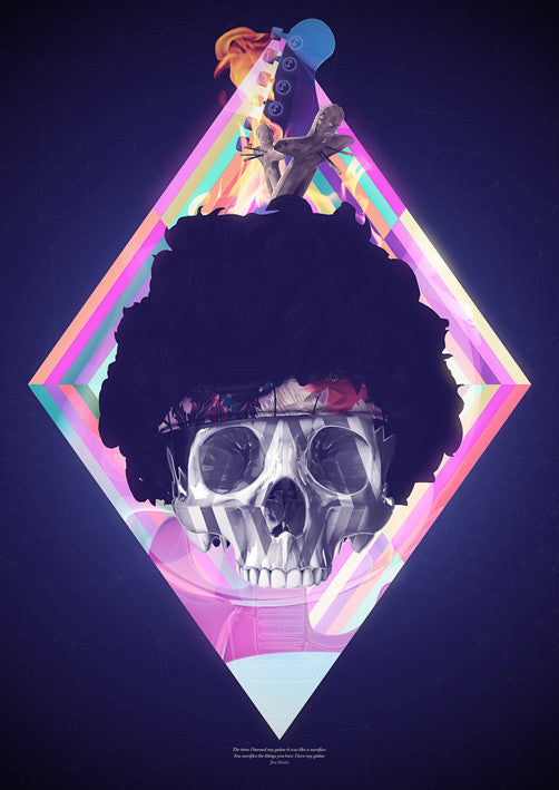A stylized digital artwork by Ben Thomas features a skull with a black afro, reminiscent of Hendrix, set against a vivid geometric backdrop. A burning guitar headstock rises from the top, surrounded by vibrant colors. Available as a signed and numbered giclee print for collectors.