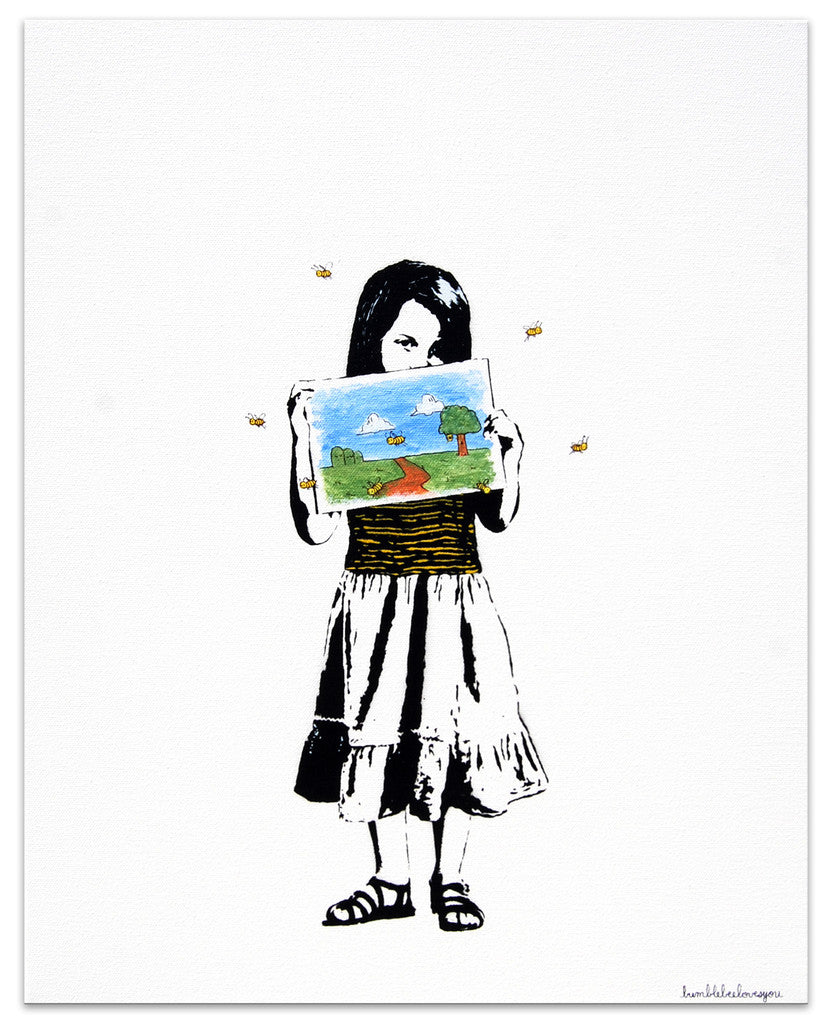 Wearing a Bumblebee striped top and skirt, the girl holds a vibrant mixed media landscape drawing featuring trees, a red pathway, and a blue sky. She stands against a plain white background, admiring her artwork like an artist with her canvas.