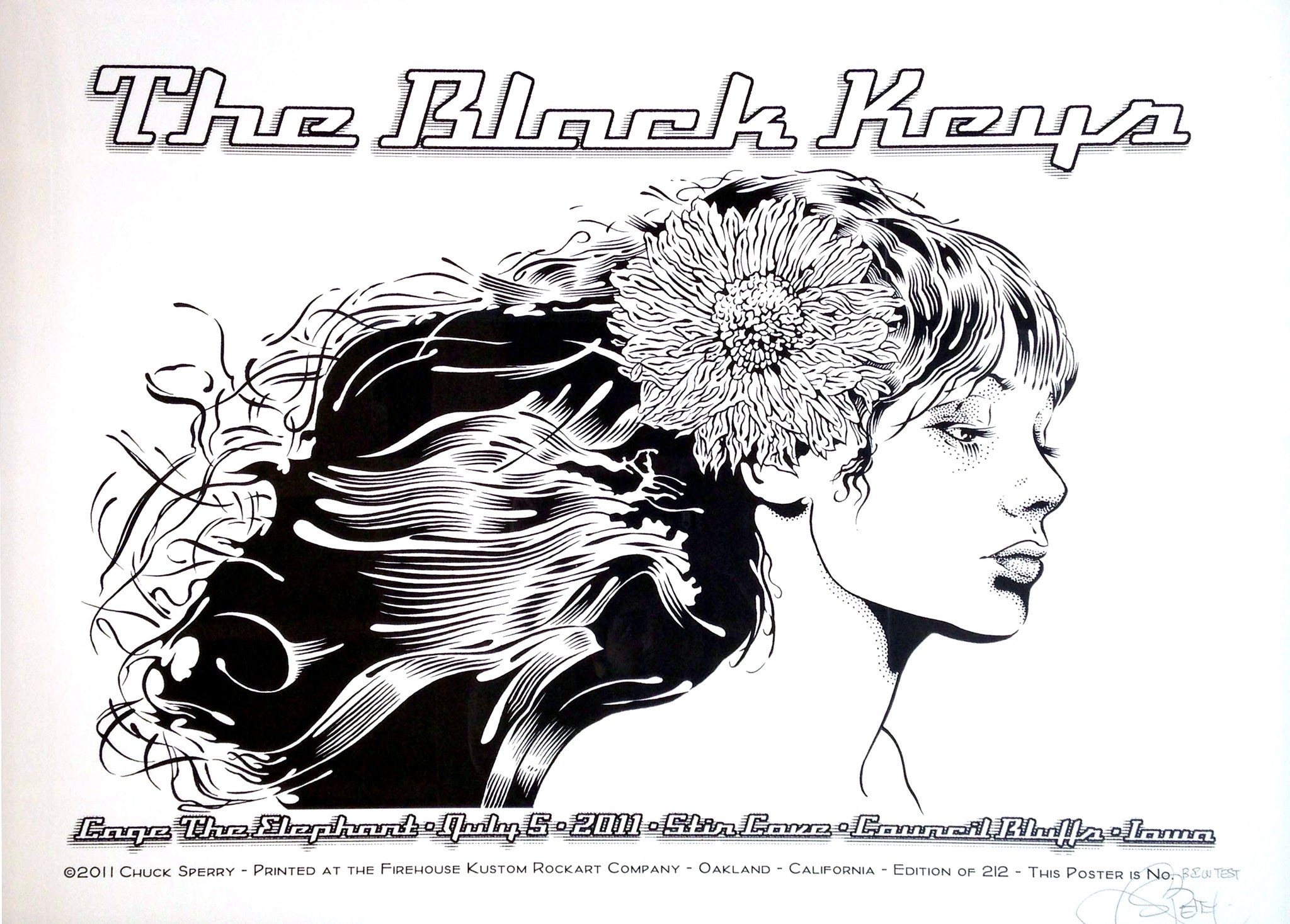 Chuck Sperrys stylized poster features a black & white test print of a womans intricate profile with flowing hair and a large flower. The Black Keys is prominently headlined above concert details: Cage the Elephant, July 5, 2011, Sioux City.