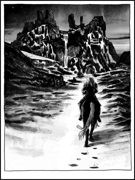 A lone rider on horseback approaches a towering, rocky mountain with cascading waterfalls under the night sky. The black and white landscape by Tim Doyle evokes a dramatic, mysterious ambiance—worthy of an art show tribute to the Nights King himself.