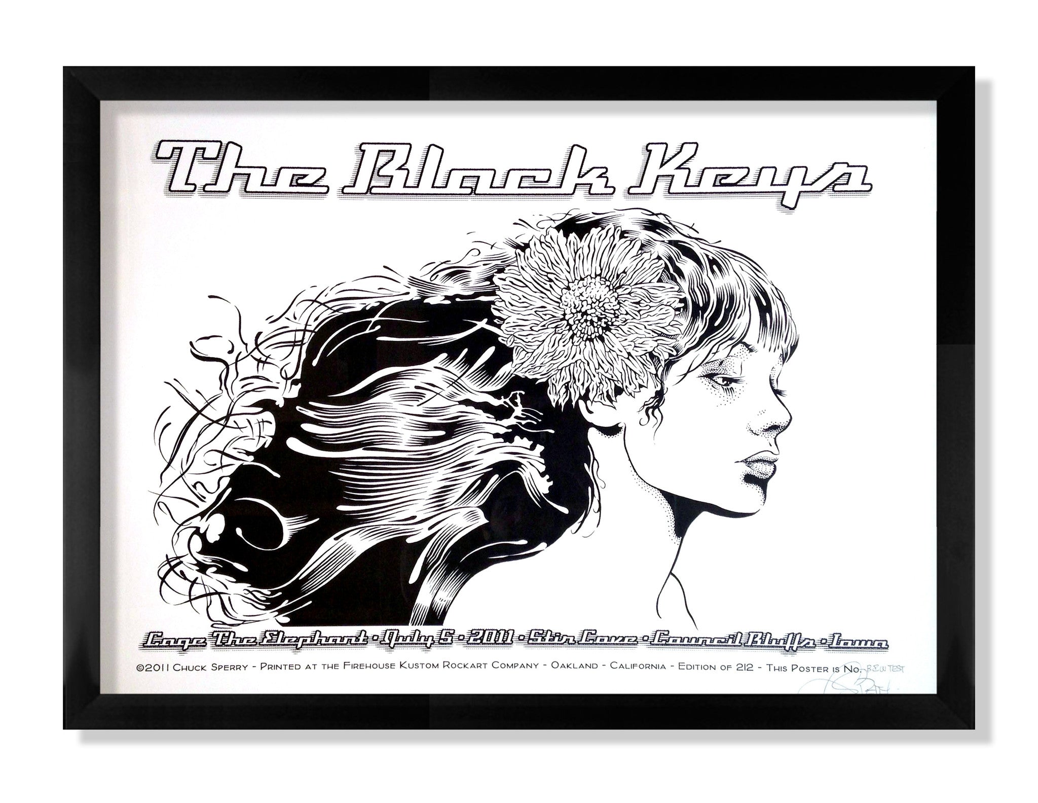 A Chuck Sperry Black & White Test Print features a womans profile with flowing hair and a large flower, with The Black Keys at the top. It includes event details for Cage the Elephant on July 5, 2011, at 1st Bank Center in a stylized design.