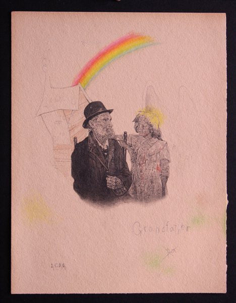 In C3s artwork, an older man in a suit and bowler hat sits beside a smiling child in a dress. The background, created with graphite and colored pencil, shows a house outline, rainbow, and faint angel wings. Below is the handwritten title Grandfather.