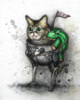 This centerpiece by Kaitlin Beckett showcases a cat with large eyes in a robotic suit and mechanical legs, tongue out, holding a steering wheel. Riding on its back is a green stuffed creature, set against gray splatted tones. A pink BUB flag waves above—ideal for a Lil Bub art exhibit!.