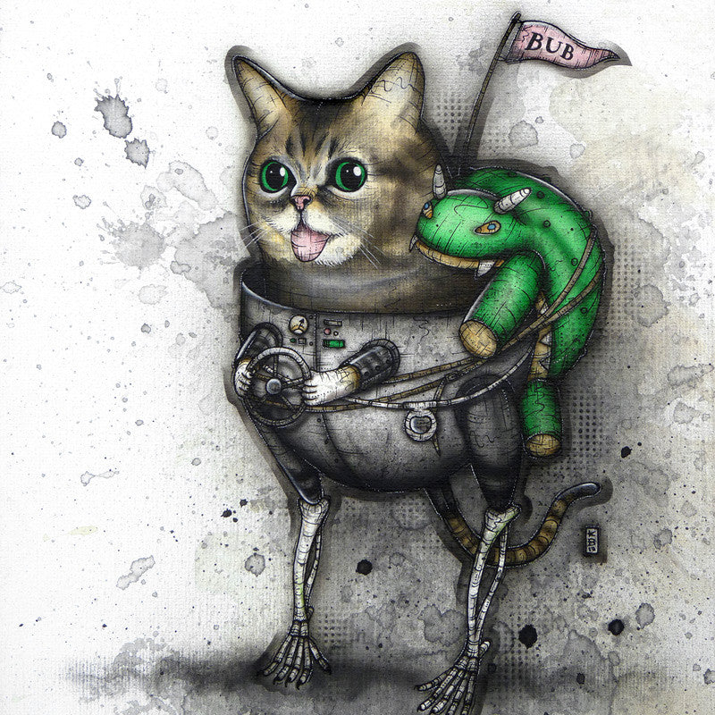 This centerpiece by Kaitlin Beckett showcases a cat with large eyes in a robotic suit and mechanical legs, tongue out, holding a steering wheel. Riding on its back is a green stuffed creature, set against gray splatted tones. A pink BUB flag waves above—ideal for a Lil Bub art exhibit!.