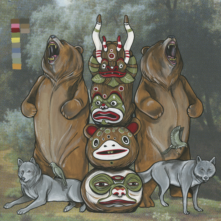 Steve Seeleys illustration features three bears behind animal masks forming a totem pole, two wolves at the base with birds perched on them, and a vibrant color palette in the corner. The forest backdrop enhances the mystical Yokai theme of the scene.