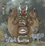Steve Seeleys illustration features three bears behind animal masks forming a totem pole, two wolves at the base with birds perched on them, and a vibrant color palette in the corner. The forest backdrop enhances the mystical Yokai theme of the scene.