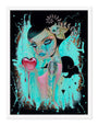 Caia Koopmans limited edition archival pigment print portrays a woman with long black hair, embellished with flowers and a skull. She holds a bleeding heart, has tears on her face, and sports a rodent tattoo on her shoulder amid vibrant teal and black splashes.