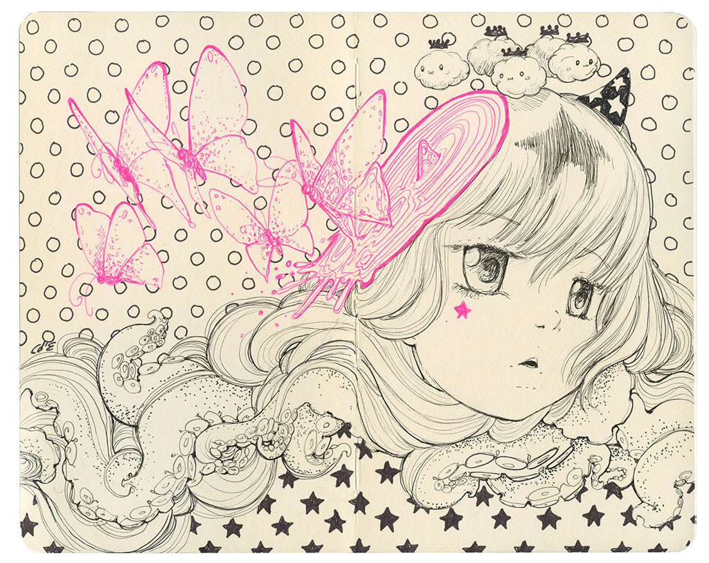 This Camilla dErrico-inspired mixed media art features a long-haired girl set against whimsical patterns and star shapes. Neon pink butterflies and clouds hover around her on a polka dot background, with a star marking under one eye that adds to her thoughtful expression, echoing a Moleskine exhibit.
