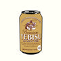 Illustration of a Yebisu All Malt Beer can on a beige background, styled like a Joshua Budich screenprint. The label features a traditional fisherman with his catch, highlighting its premium quality. Limited edition of 100, the design showcases Japanese characters in a gold-brown color scheme.