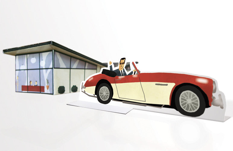 A Max Dalton illustration shows a man in sunglasses cruising in a custom red and cream convertible, while a lively cocktail party unfolds inside a modern building with floor-to-ceiling windows.