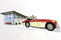 A Max Dalton illustration shows a man in sunglasses cruising in a custom red and cream convertible, while a lively cocktail party unfolds inside a modern building with floor-to-ceiling windows.