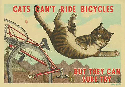 striped cat falling off of bicycle with text "cats can't ride bicycles but they can sure try"