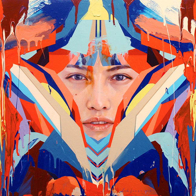 This abstract artwork by Erik Jones captures a womans calm expression, surrounded by vibrant geometric shapes and dripping paint in red, blue, and beige. The colorful elements evoke the energy of a Supersonic Electronic Invitational.