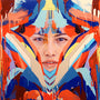 This abstract artwork by Erik Jones captures a womans calm expression, surrounded by vibrant geometric shapes and dripping paint in red, blue, and beige. The colorful elements evoke the energy of a Supersonic Electronic Invitational.