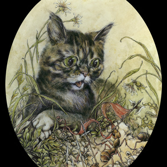 A Jeremy Hush-style illustration features a wide-eyed kitten in grass and flowers, resembling an original painting. The scene is full of small creatures like ants and insects, perfectly capturing the kittens curious look in its natural setting.