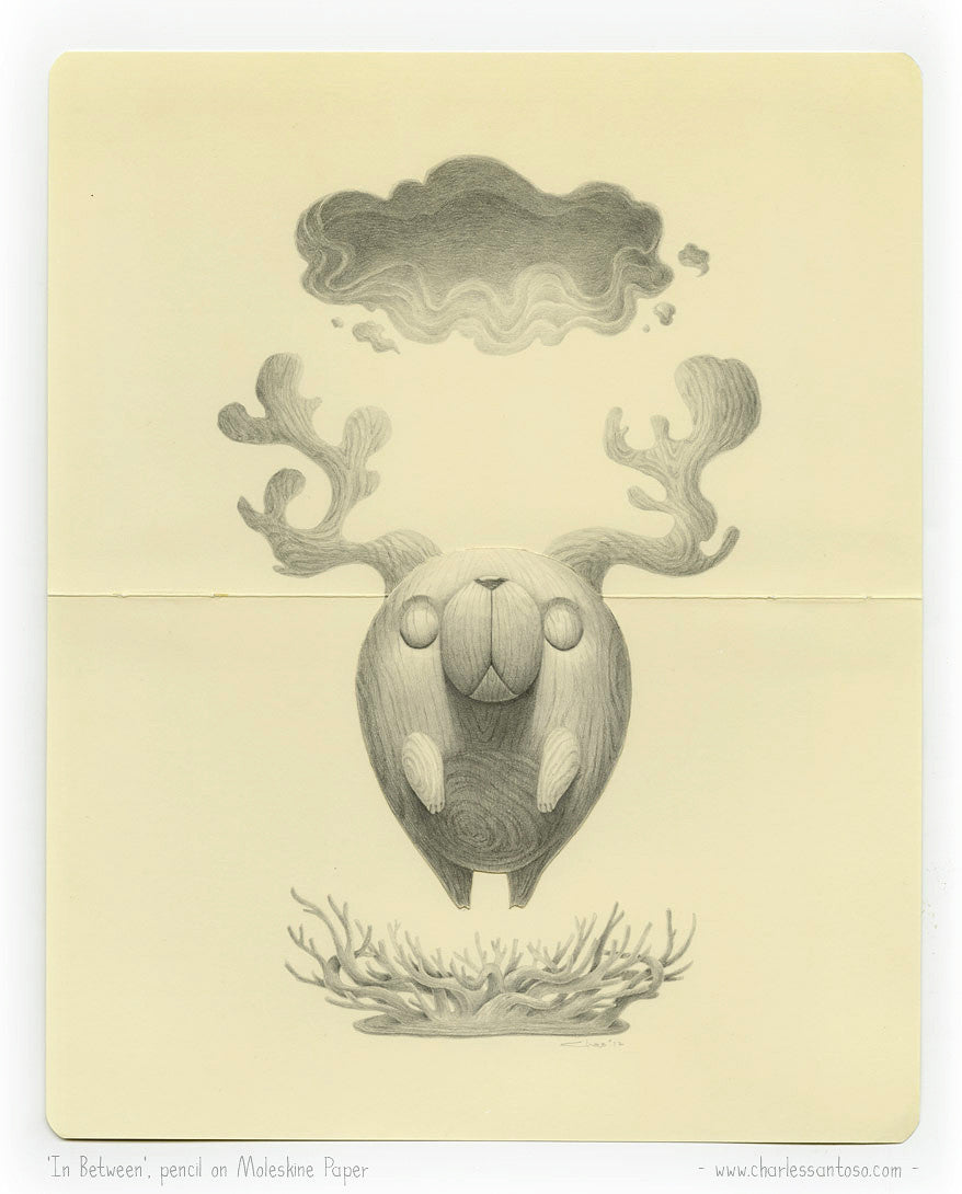 In Between by Charles Santoso is a whimsical Acrylic on Moleskine artwork featuring a round creature with antlers on its hind legs, eyes closed, and a textured cloud above, set against a soft beige background.