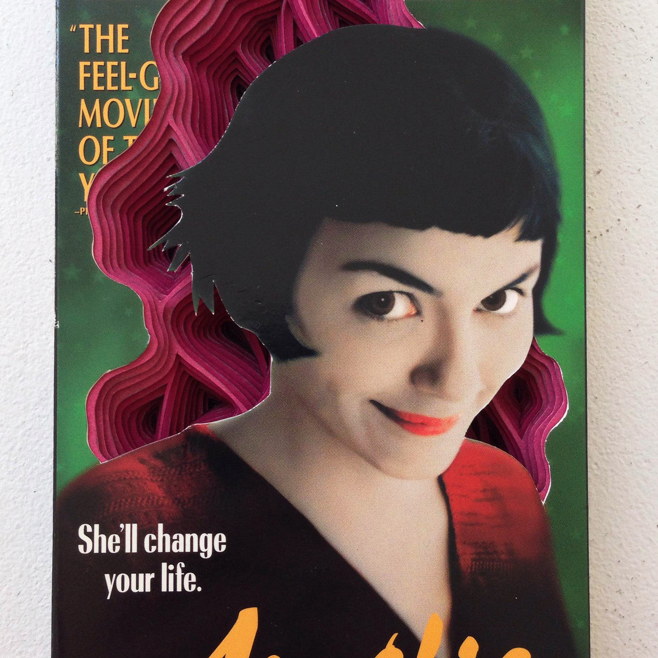 A Charles Clary stylized Amelie VHS cover features hand-cut paper art framing the leads face with black hair and red lips. The background highlights five Academy Award nominations and the tagline Shell change your life, all within a nostalgic VHS box.