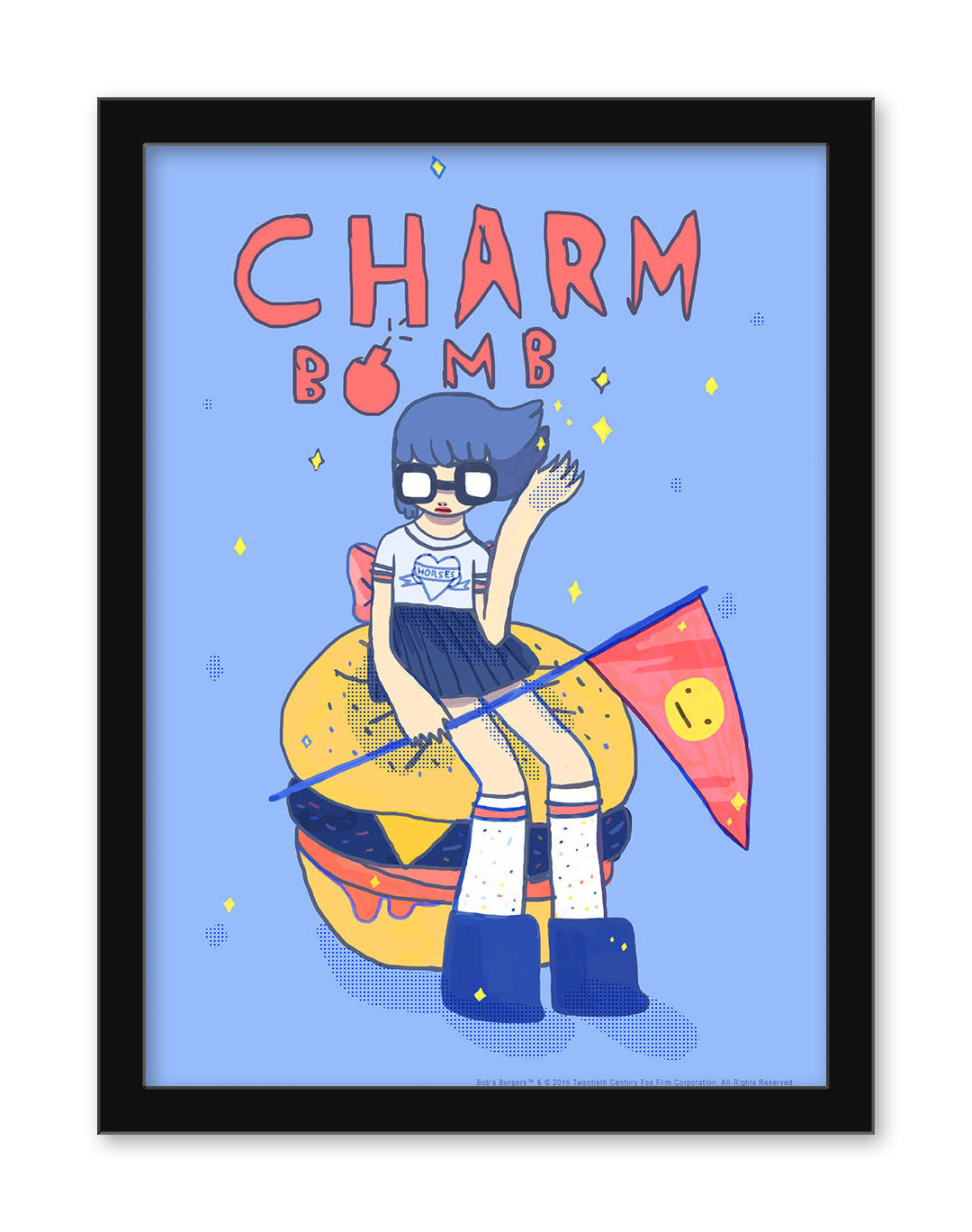 A character with blue hair and glasses, dressed in a shirt and skirt, sits on a giant burger reminiscent of Bobs Burgers art style. Theyre holding a smiley face flag. Above, Ivonna Buenrostros CHARM BOMB appears with her iconic bomb icon on a blue background dotted with yellow.