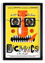 This bold, colorful movie poster by Matt Chase features a stylized mechanical face with gears for eyes and a camera nose on a yellow background. Its a limited edition print with French text reading Micmacs, crediting the film by Jean-Pierre Jeunet.