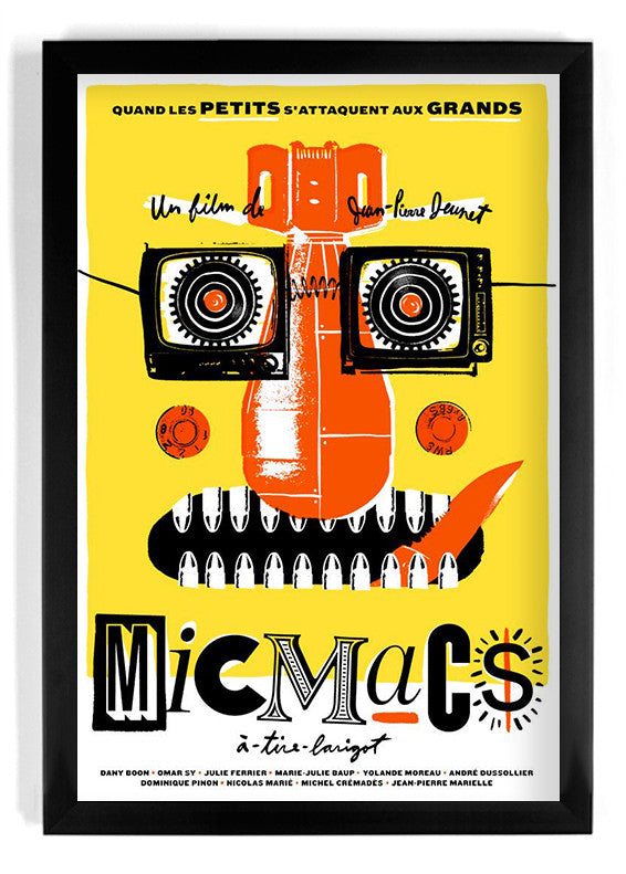 This bold, colorful movie poster by Matt Chase features a stylized mechanical face with gears for eyes and a camera nose on a yellow background. Its a limited edition print with French text reading Micmacs, crediting the film by Jean-Pierre Jeunet.