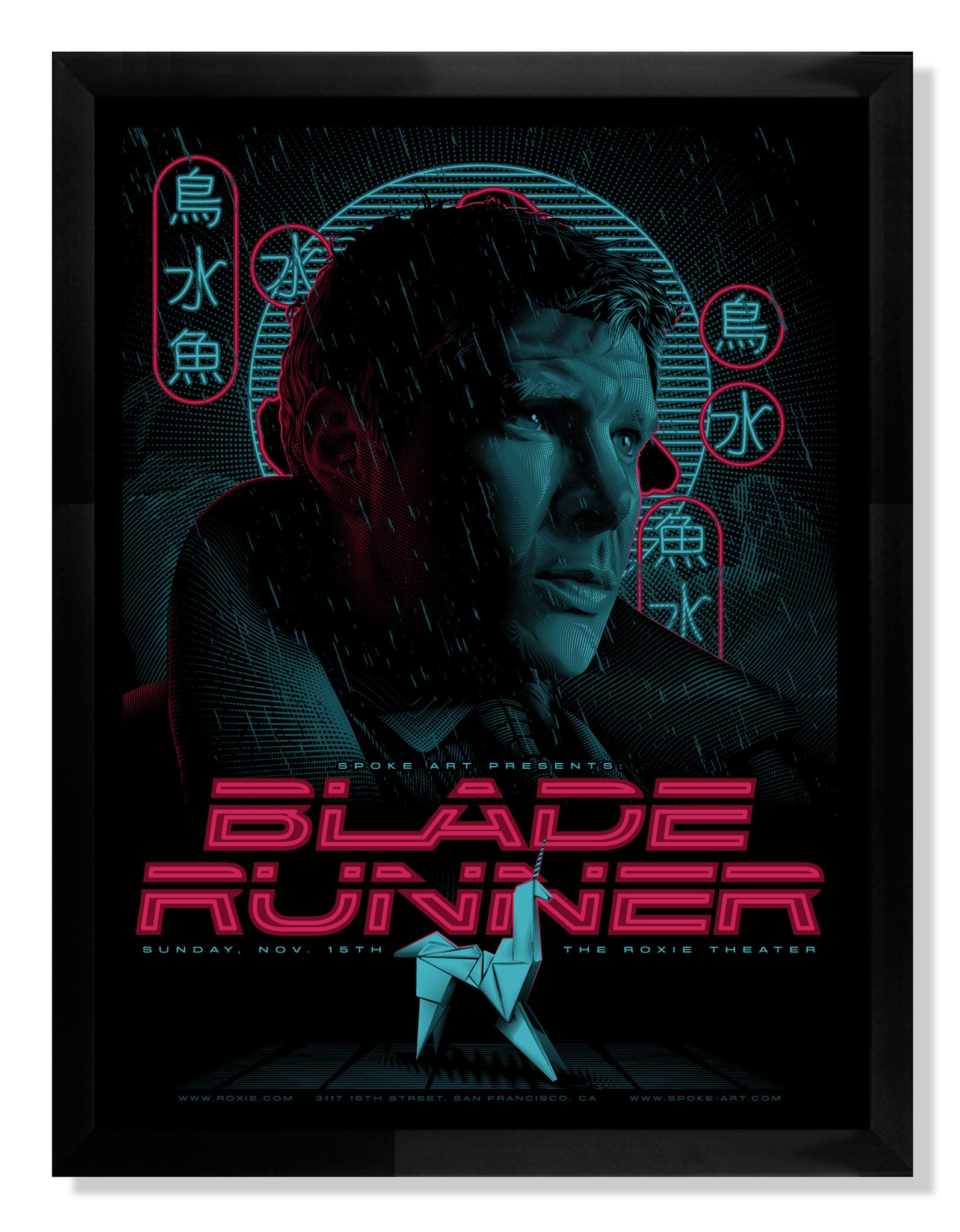 Limited edition Blade Runner screen print by Tracie Ching features a contemplative figure with raindrops under a blue neon cityscape, highlighted by pink futuristic text and event details at the bottom.