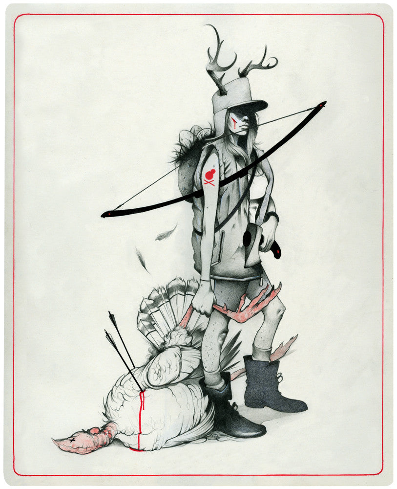 The Chris B. Murray illustration depicts a figure in a vest with deer antlers, holding a bow and arrow. They wear boots and have an arrow-pierced wild turkey. A bird-decorated red arm patch, feathers, and blood splatters enhance the Art Moleskine paper portrayal.