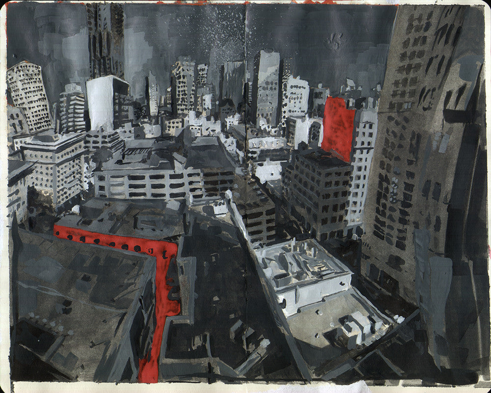 Christian MacNevins acrylic painting on Moleskine paper portrays a city skyline with tall and short buildings in grayscale. Red accents highlight some buildings and streets, while a cloudy sky enhances the moody atmosphere.